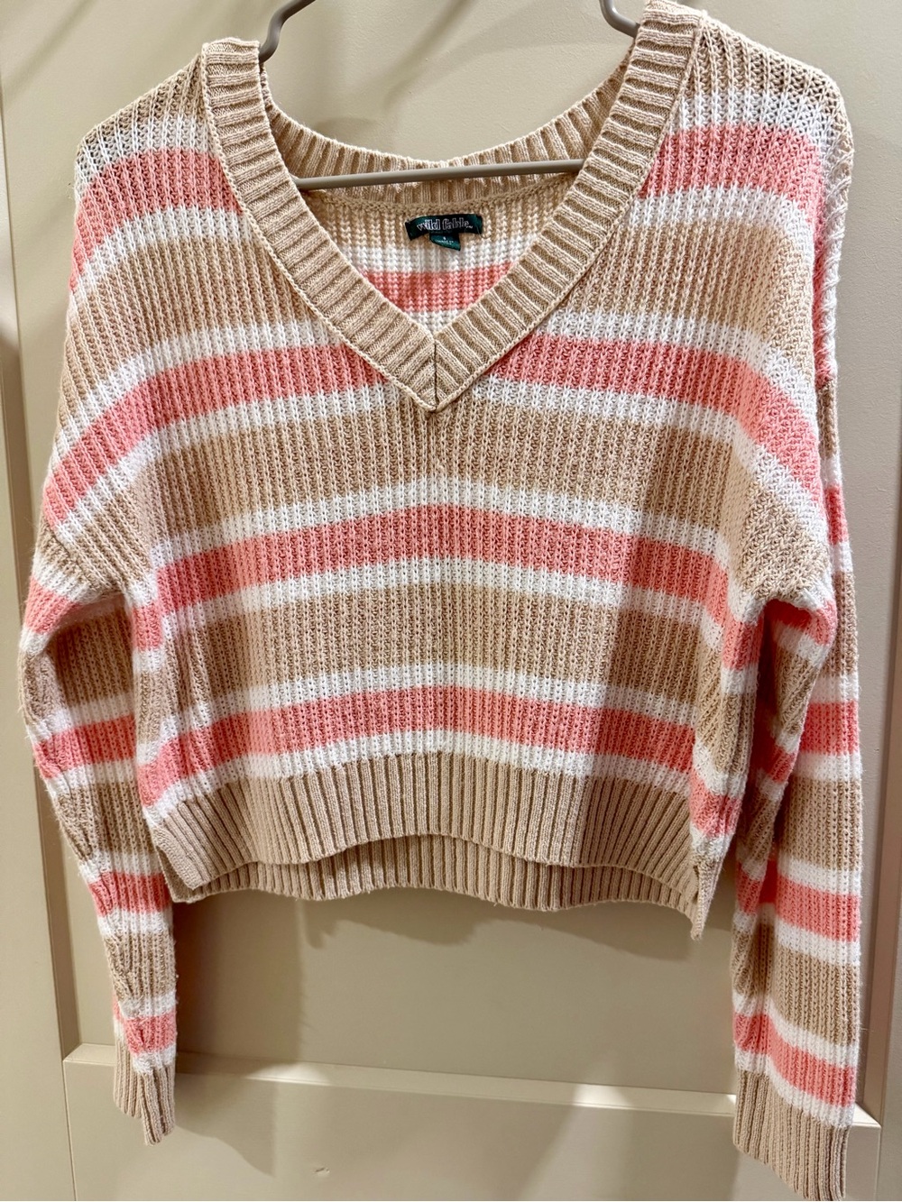 Wild Fable Striped V-Neck Sweater - Pink & Cream
